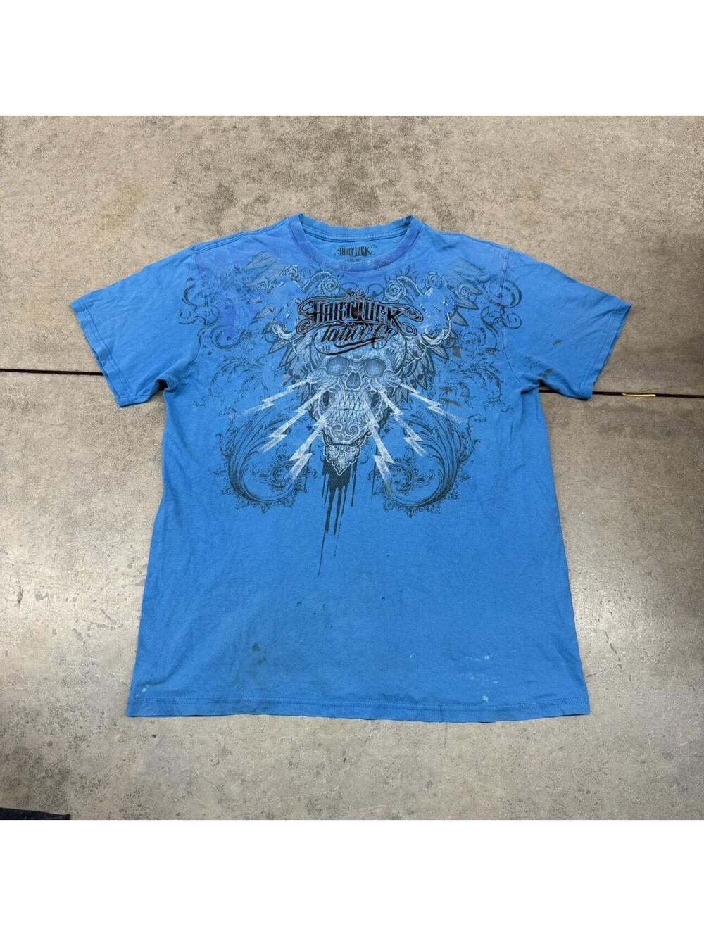 vintage hart tuck tattoo skull lightning bolt shirt size large HAS STAINS